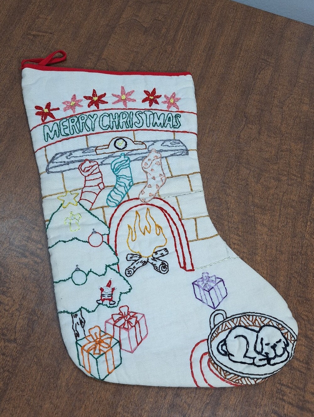 Vintage Hand Stitched Cotton Christmas Stocking Fireplace Scene W/Dog 14 Inch
